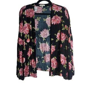 BLEUH CIEL Boho Black & Blush Floral Kimono Size M